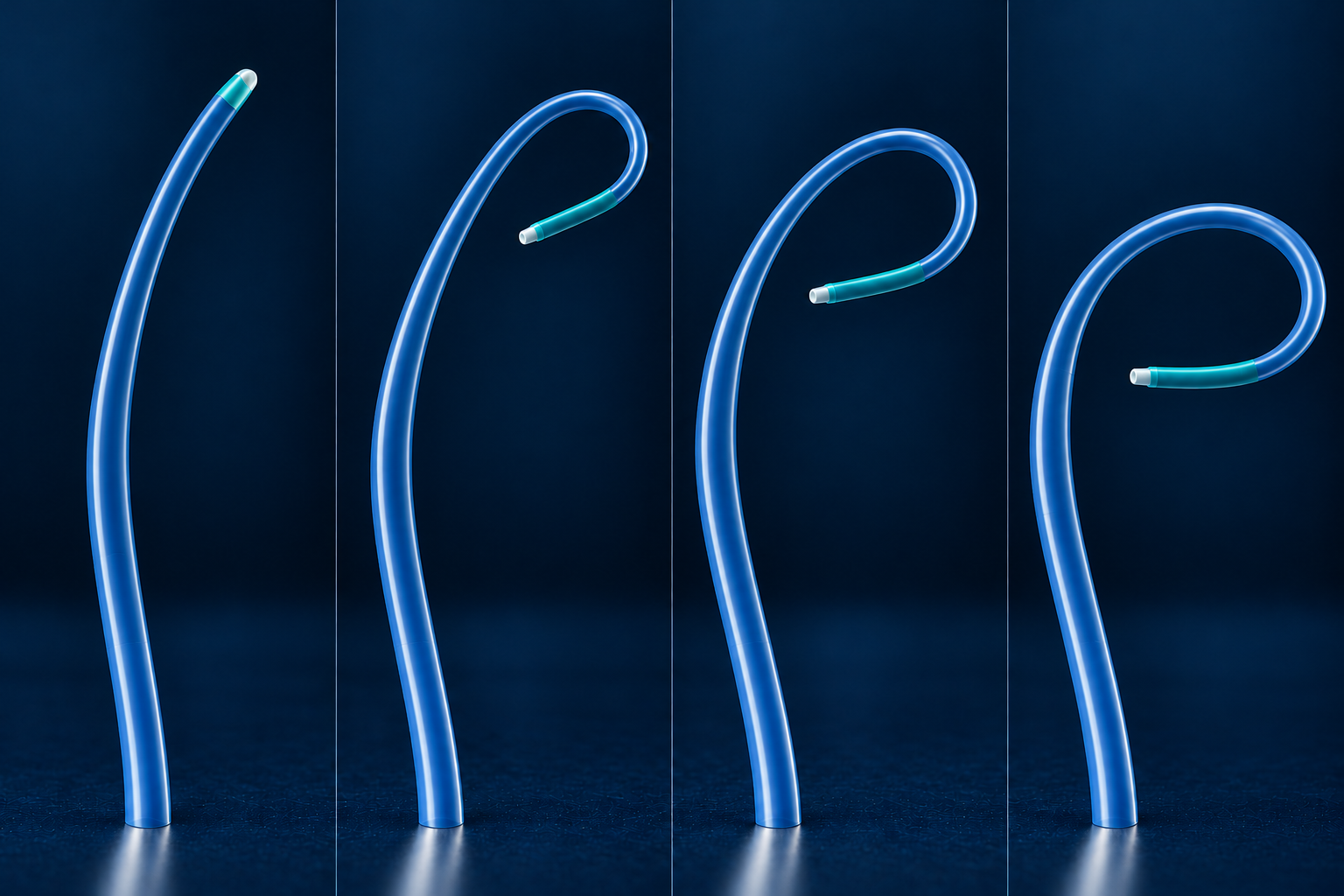 Illustrative guide catheter sequence progressing from a straight shaft to curved and looped shapes, with a blue shaft and teal tip